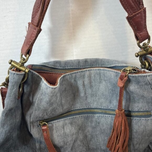 Lucky Brand BOHO Large Distressed Braided Leather Strap Blue Tote Shoulder Bag - Picture 5 of 16
